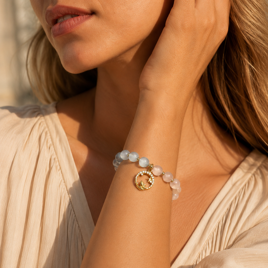 HEART OF LAND Pisces Zodiac Crystal Bracelet – Rose Quartz, Aquamarine & Clear Quartz