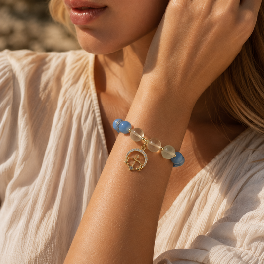 HEART OF LAND Libra Zodiac Crystal Bracelet – Blue Chalcedony, Citrine & Clear Quartz