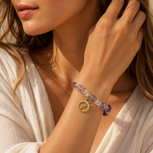 HEART OF LAND Aries Zodiac Crystal Bracelet – Rose Quartz, Amethyst & Clear Quartz