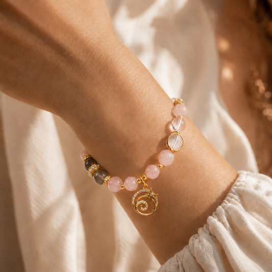 HEART OF LAND Virgo Zodiac Crystal Bracelet – Rose Quartz, Gray Agate & Clear Quartz