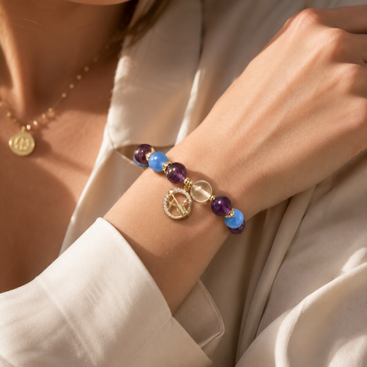 HEART OF LAND Sagittarius Zodiac Crystal Bracelet – Chalcedony, Amethyst, Citrine & Clear Quartz