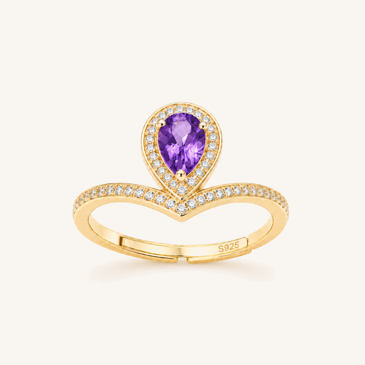 HEART OF LAND Natural Gemstone Pear-Cut Chevron Halo Ring in 18K Gold-Plated S925 Sterling Silver – Radiant Vow Amethyst
