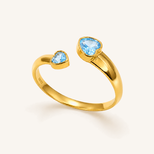 HEART OF LAND Natural Gemstone Double Heart Open Ring in 18K Gold-Plated S925 Sterling Silver – Two Hearts Blue Topaz