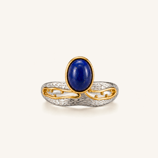 HEART OF LAND Natural Gemstone Oval Cabochon Statement Ring in S925 Sterling Silver with 18K Gold-Plated Details – Guiding Current Lapis Lazuli