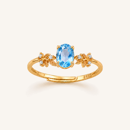 HEART OF LAND Natural Gemstone Oval Laurel Ring in 18K Gold-Plated S925 Sterling Silver – Sunlit Laurel Blue Topaz