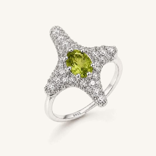 HEART OF LAND Natural Gemstone Starfish Statement Ring in S925 Sterling Silver – Tide Star Peridot