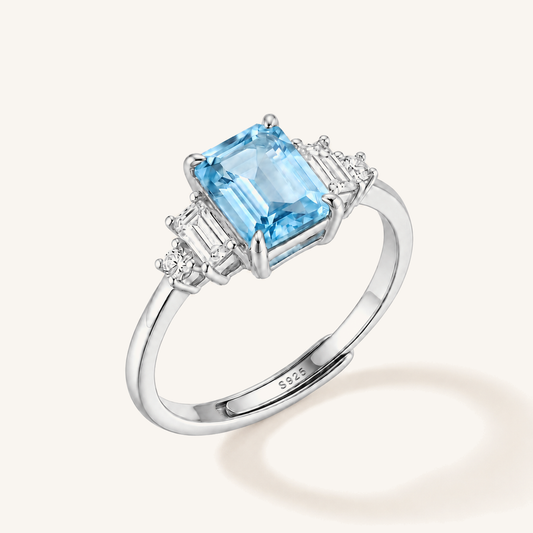 HEART OF LAND Natural Gemstone Emerald-Cut Three-Stone Ring in S925 Sterling Silver – True North Blue Topaz