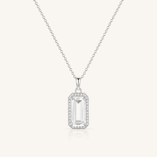 Natural Emerald-Cut Gemstone Halo Necklace in S925 Sterling Silver – Still Light