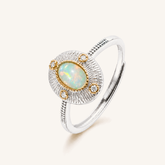 HEART OF LAND Natural Gemstone Sunburst Cabochon Ring in S925 Sterling Silver with Gold-Tone Details – Solar Compass Opal
