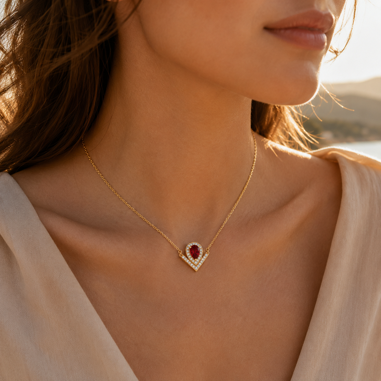 HEART OF LAND Natural Gemstone V-Shaped Heart Necklace in 18K Gold-Plated S925 Sterling Silver – Open Devotion