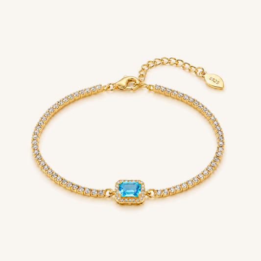 Natural Gemstone Emerald-Cut Tennis Bracelet in 18K Gold-Plated S925 Sterling Silver – Centered Light