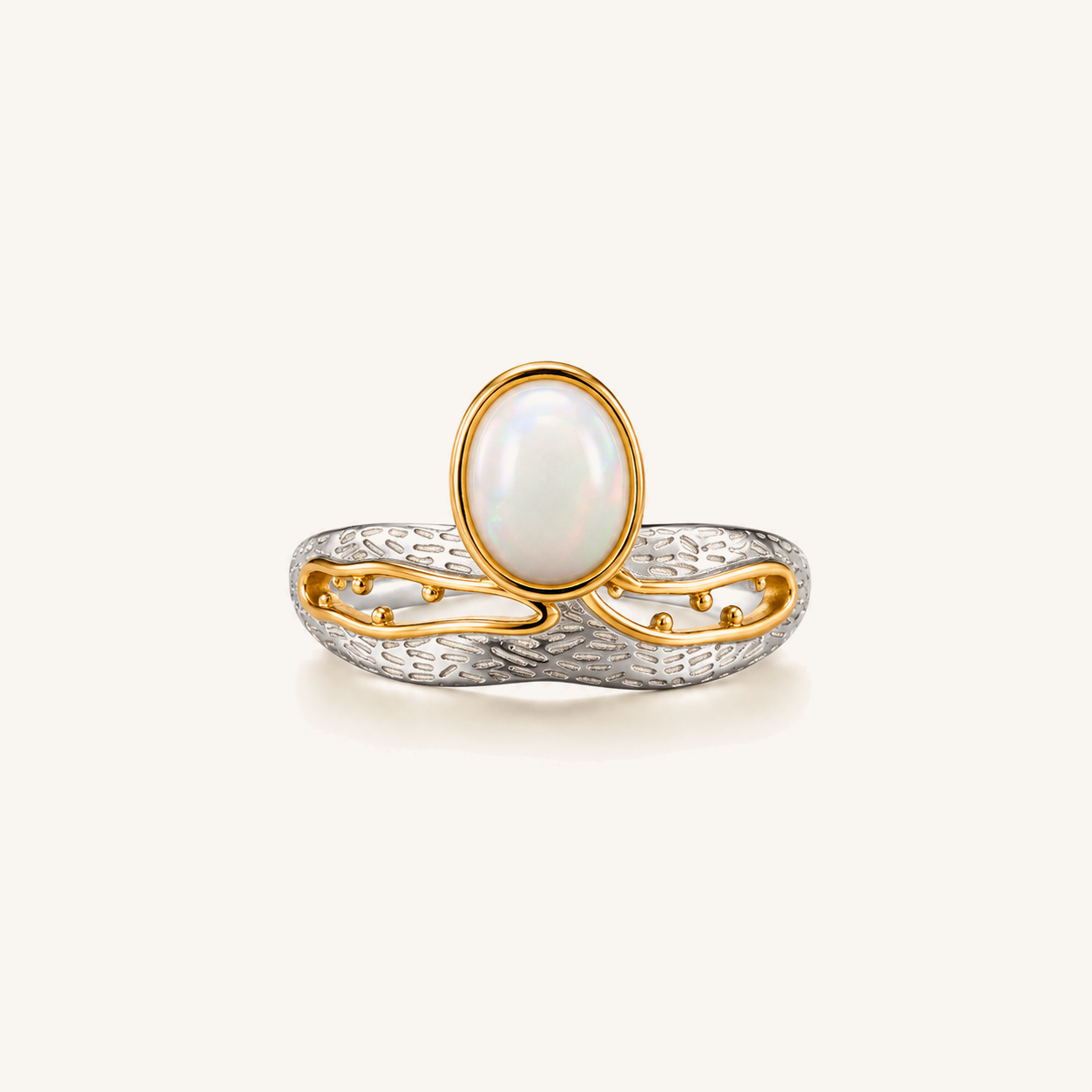 HEART OF LAND Natural Gemstone Oval Cabochon Statement Ring in S925 Sterling Silver with 18K Gold-Plated Details – Guiding Current Opal