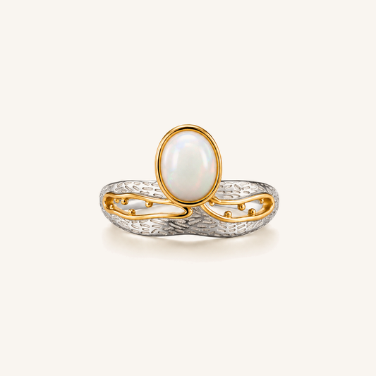 HEART OF LAND Natural Gemstone Oval Cabochon Statement Ring in S925 Sterling Silver with 18K Gold-Plated Details – Guiding Current Opal