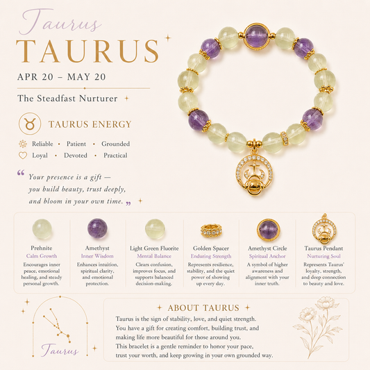 HEART OF LAND Taurus Zodiac Crystal Bracelet – Prehnite, Amethyst & Green Fluorite