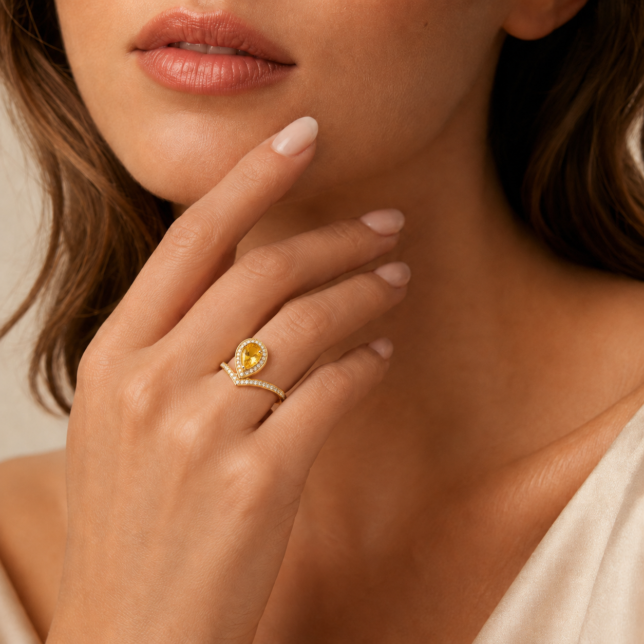 HEART OF LAND Natural Gemstone Pear-Cut Chevron Halo Ring in 18K Gold-Plated S925 Sterling Silver – Radiant Vow
