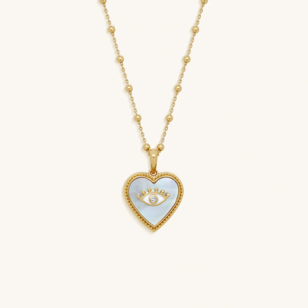 Gemini Nurturing Energy White Mother of Pearl Heart & Evil Eye Gold Necklace