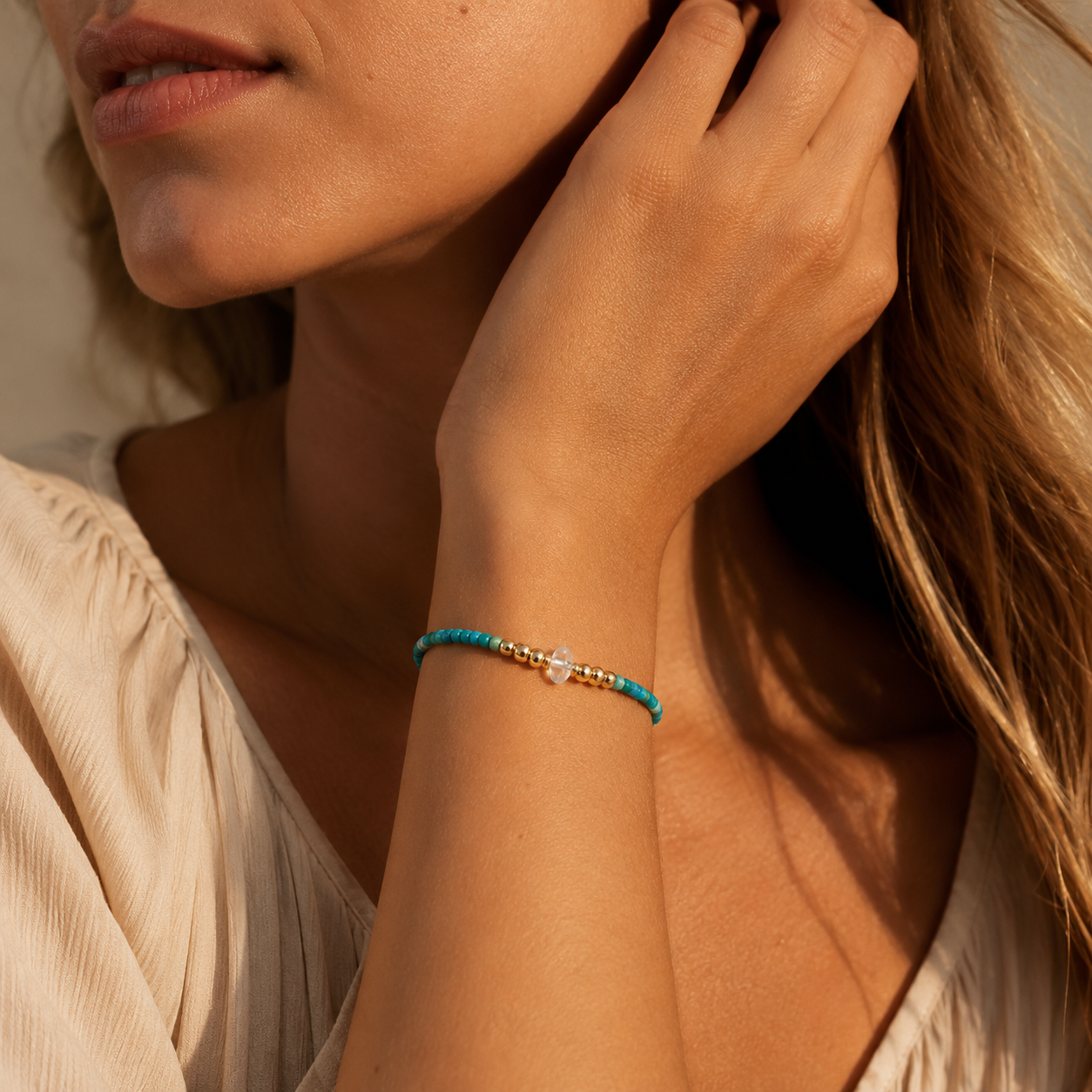 HEART OF LAND Natural Turquoise Beaded Bracelet in 18K Gold-Plated S925 Sterling Silver – Desert Sky