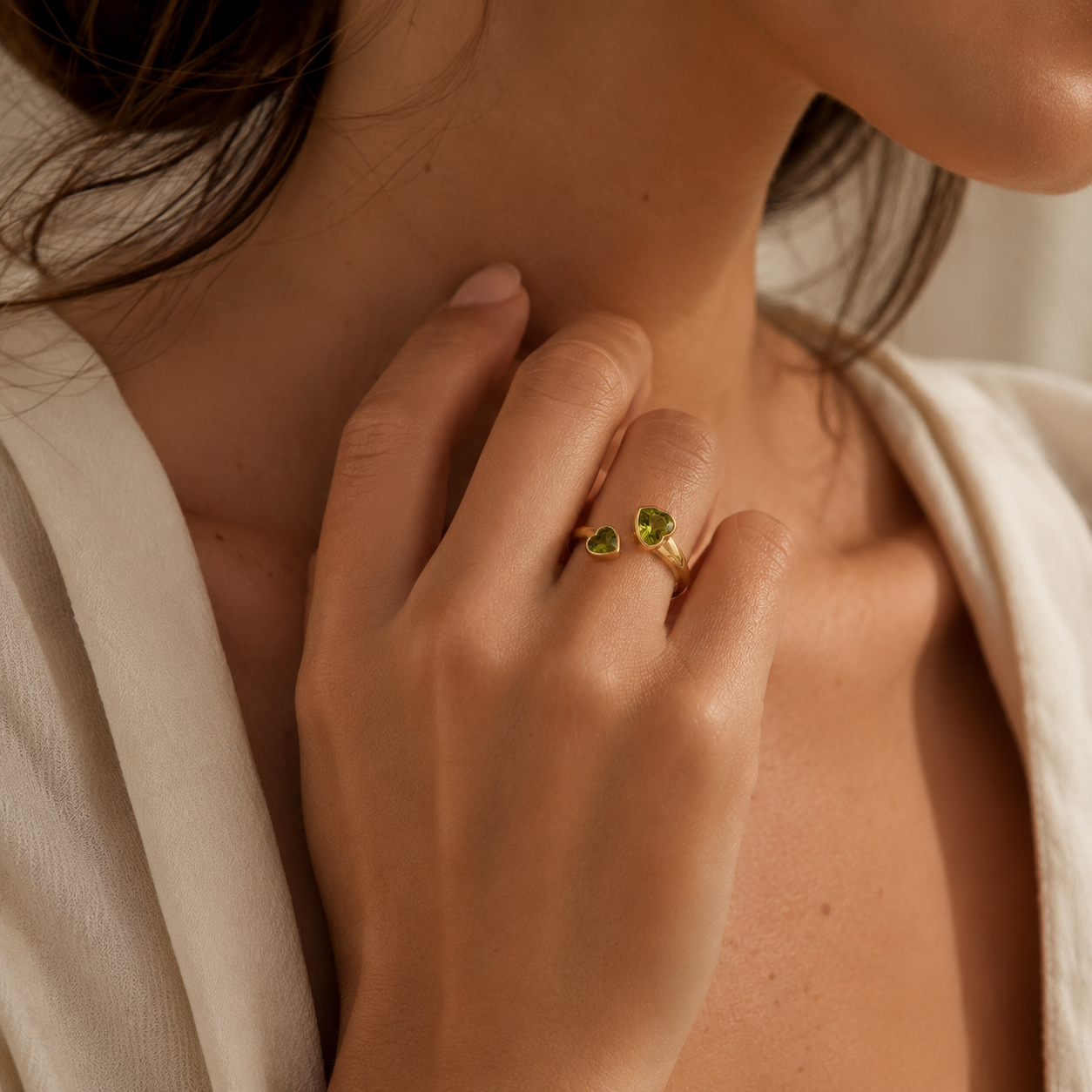 HEART OF LAND Natural Gemstone Double Heart Open Ring in 18K Gold-Plated S925 Sterling Silver – Two Hearts