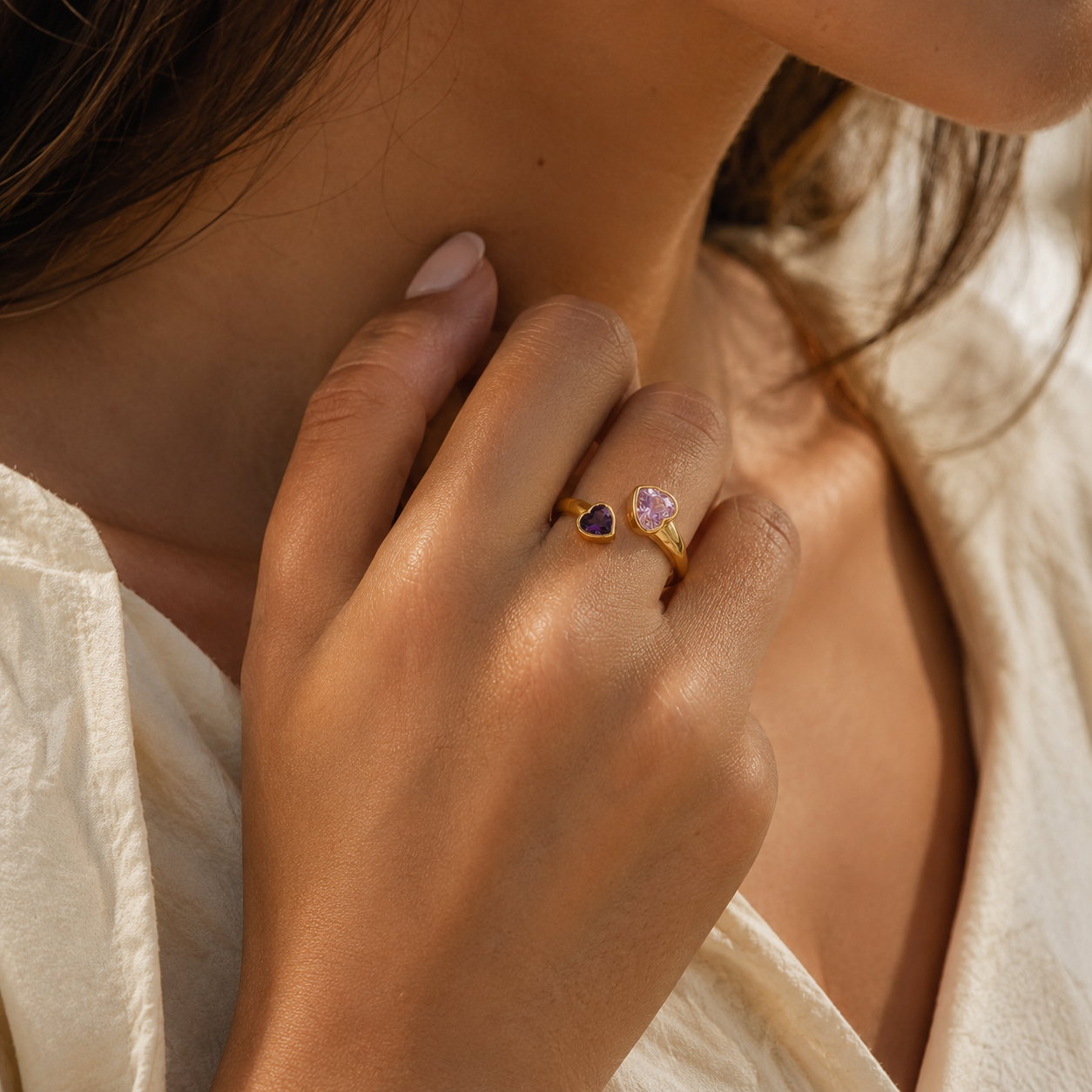 HEART OF LAND Natural Gemstone Double Heart Open Ring in 18K Gold-Plated S925 Sterling Silver – Two Hearts