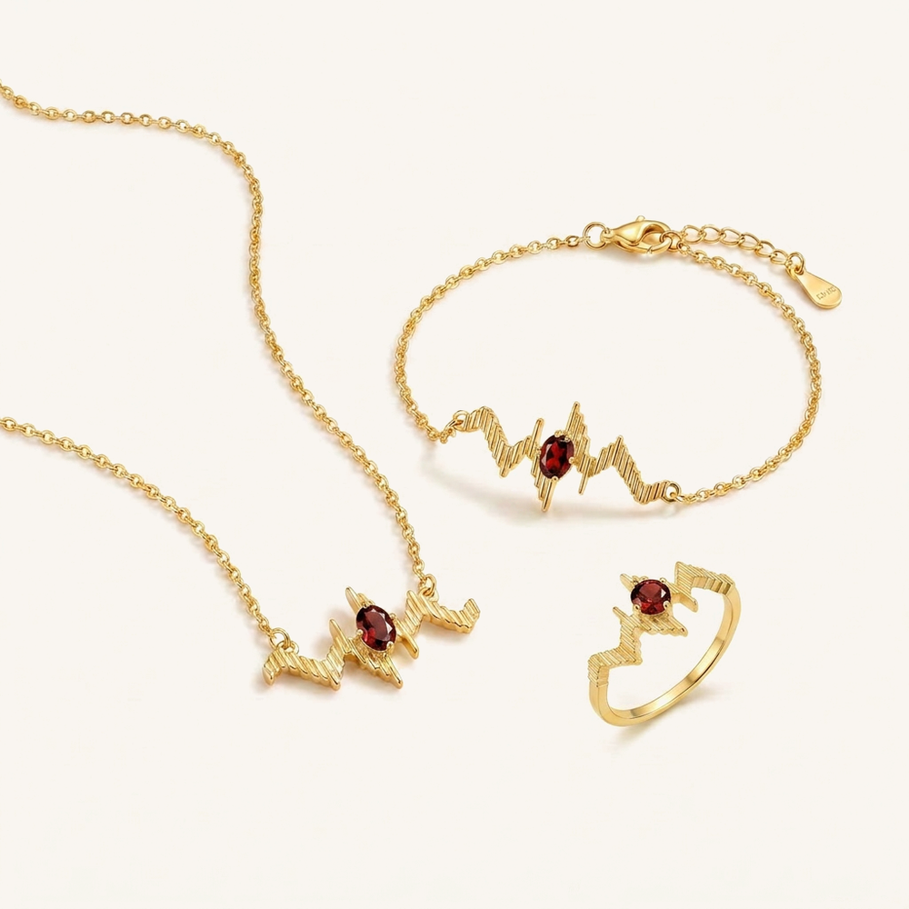 HEART OF LAND Birthstone Pulse Jewelry Set – Necklace, Bracelet & Ring Garnet