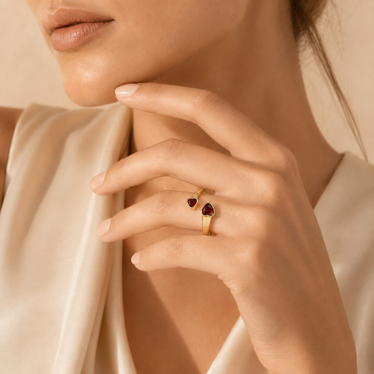 HEART OF LAND Natural Gemstone Double Heart Open Ring in 18K Gold-Plated S925 Sterling Silver – Two Hearts