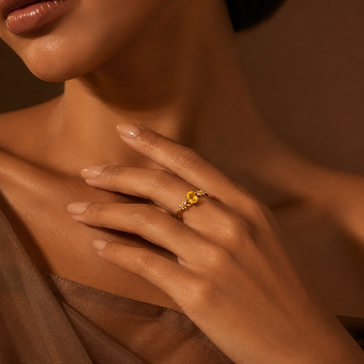 HEART OF LAND Natural Gemstone Oval Laurel Ring in 18K Gold-Plated S925 Sterling Silver – Sunlit Laurel