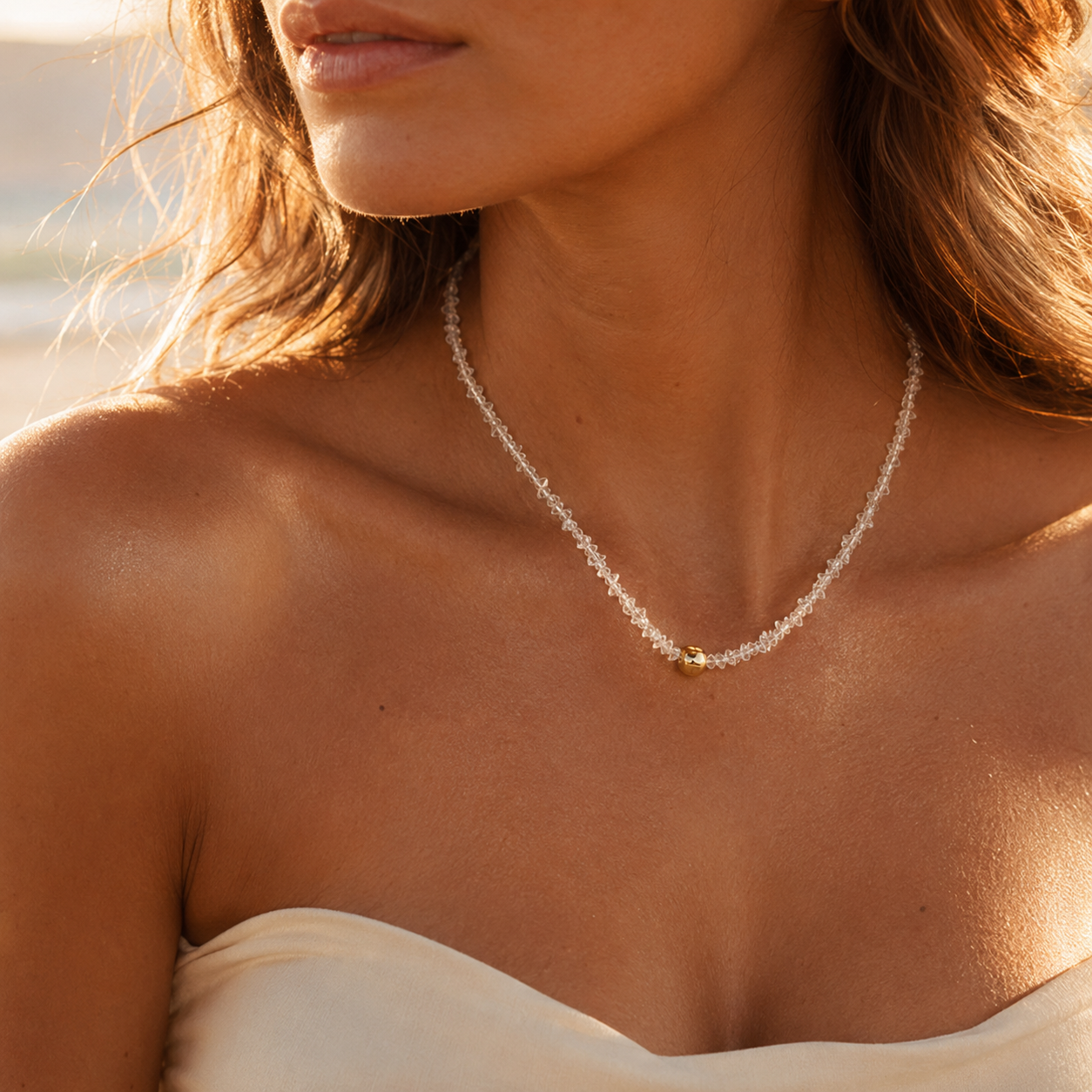 HEART OF LAND Natural Clear Quartz Beaded Necklace in 18K Gold-Plated S925 Sterling Silver – Clear Horizon