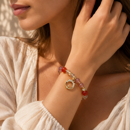 HEART OF LAND Leo Zodiac Crystal Bracelet – Carnelian, Strawberry Quartz & Clear Quartz