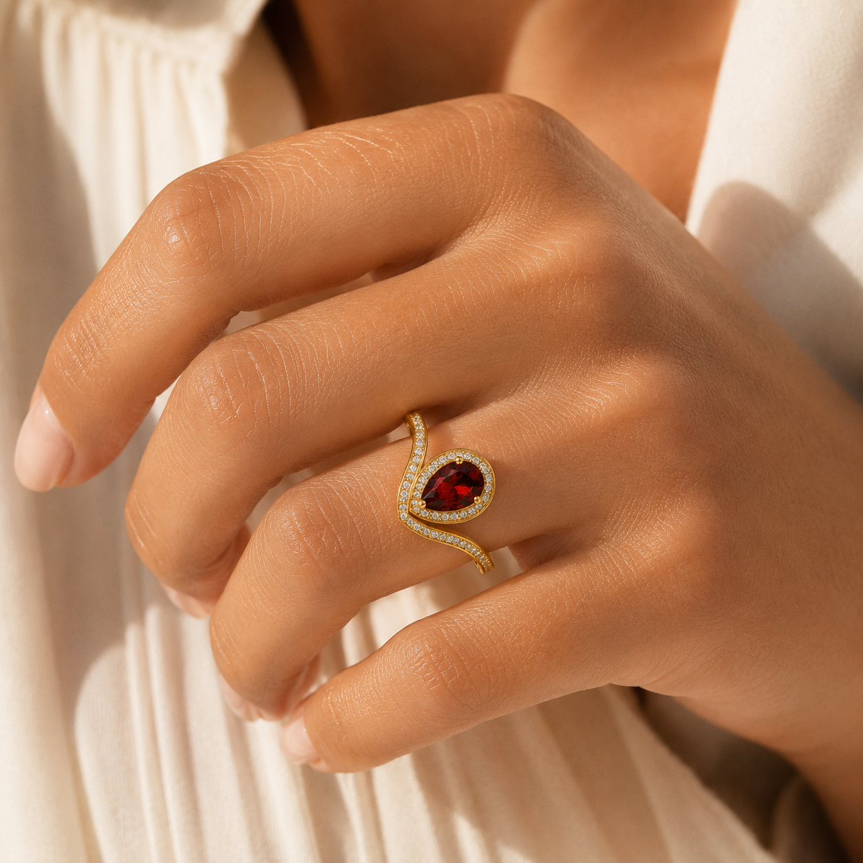 HEART OF LAND Natural Gemstone Pear-Cut Chevron Halo Ring in 18K Gold-Plated S925 Sterling Silver – Radiant Vow