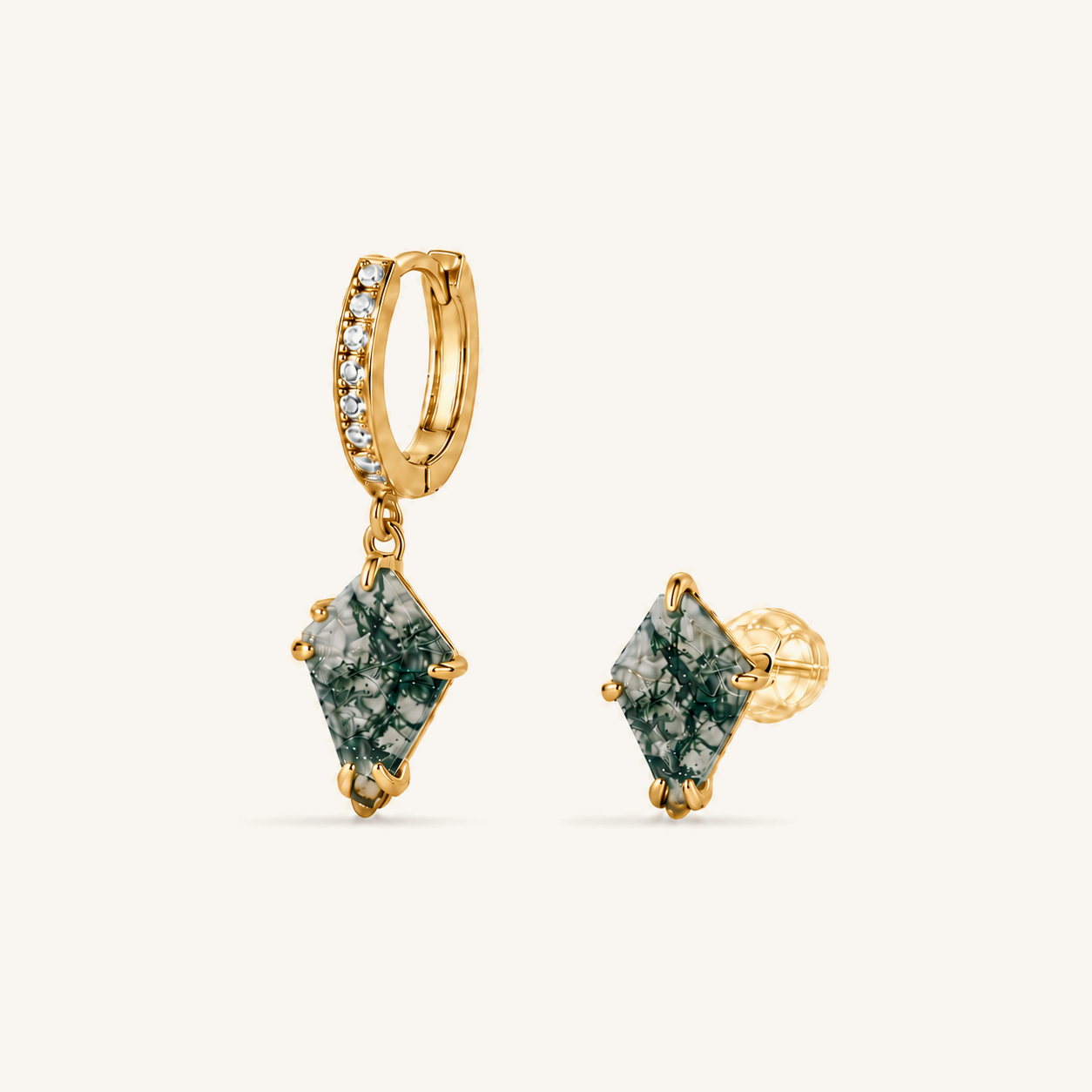 HEART OF LAND Natural Moss Agate Mismatched Earrings in S925 Sterling Silver – Verdant Path 18K Gold-Plated S925 Silver