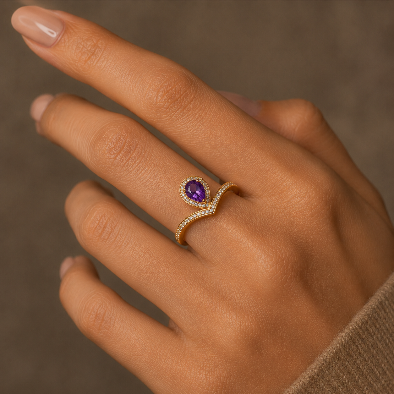 HEART OF LAND Natural Gemstone Pear-Cut Chevron Halo Ring in 18K Gold-Plated S925 Sterling Silver – Radiant Vow