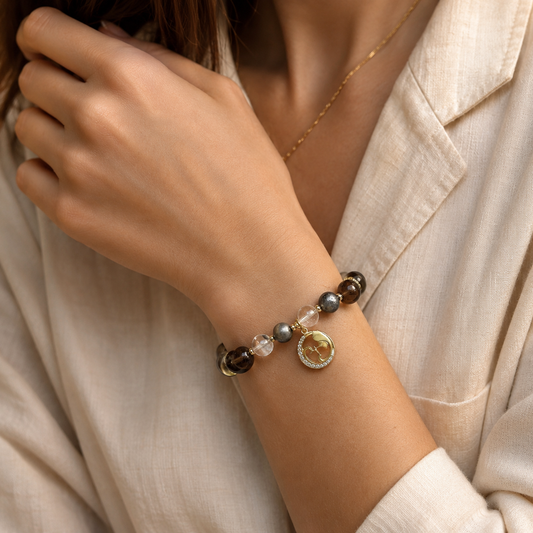 HEART OF LAND Gemini Zodiac Crystal Bracelet – Smoky Quartz, Gray Agate & Clear Quartz