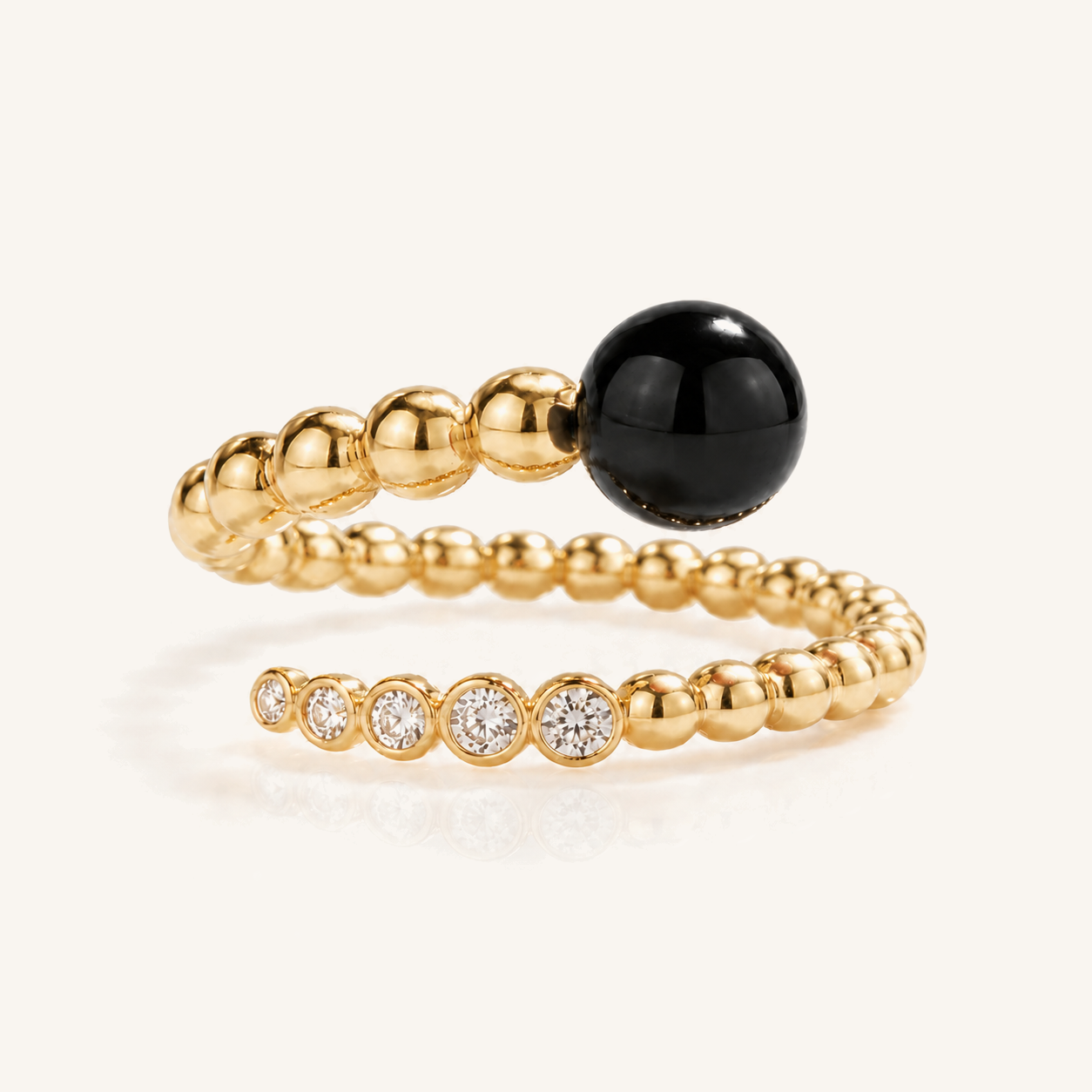 HEART OF LAND Natural Gemstone Beaded Open Ring in 18K Gold-Plated S925 Sterling Silver – Orbit Within Black Agate