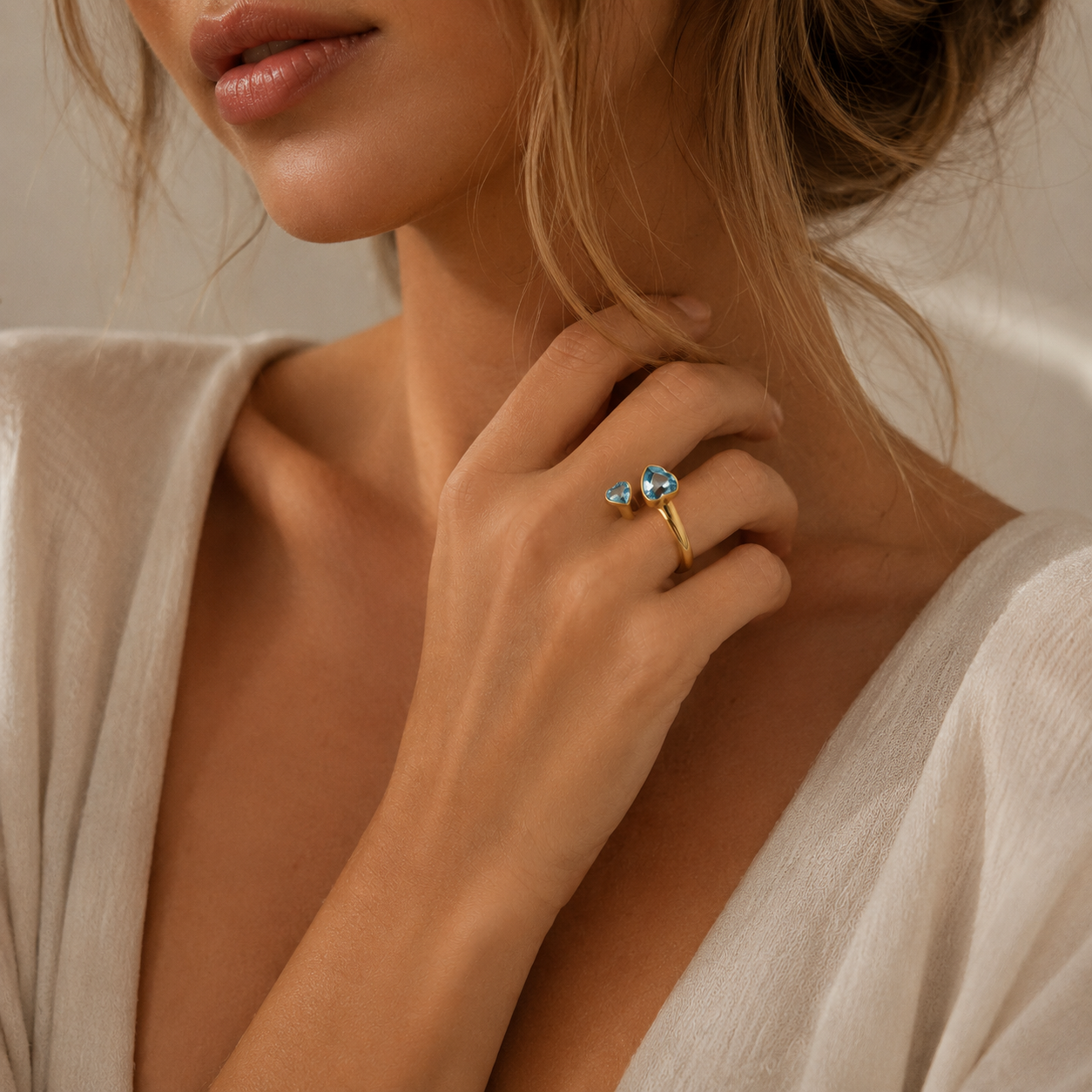HEART OF LAND Natural Gemstone Double Heart Open Ring in 18K Gold-Plated S925 Sterling Silver – Two Hearts