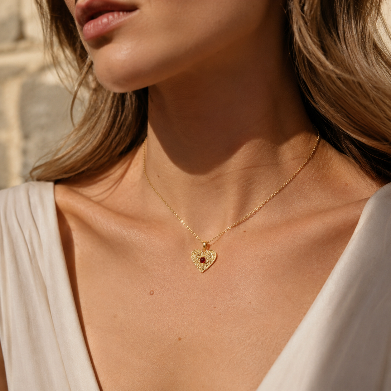 HEART OF LAND Natural Gemstone Textured Heart Necklace in 18K Gold-Plated S925 Sterling Silver – Held Close