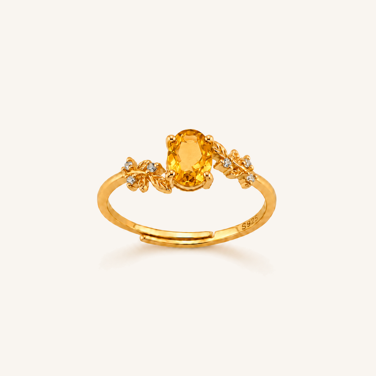 HEART OF LAND Natural Gemstone Oval Laurel Ring in 18K Gold-Plated S925 Sterling Silver – Sunlit Laurel Citrine