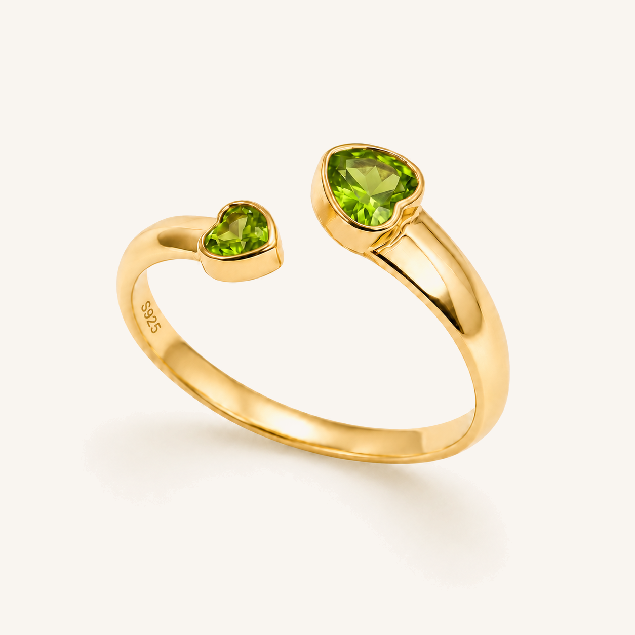 HEART OF LAND Natural Gemstone Double Heart Open Ring in 18K Gold-Plated S925 Sterling Silver – Two Hearts Peridot