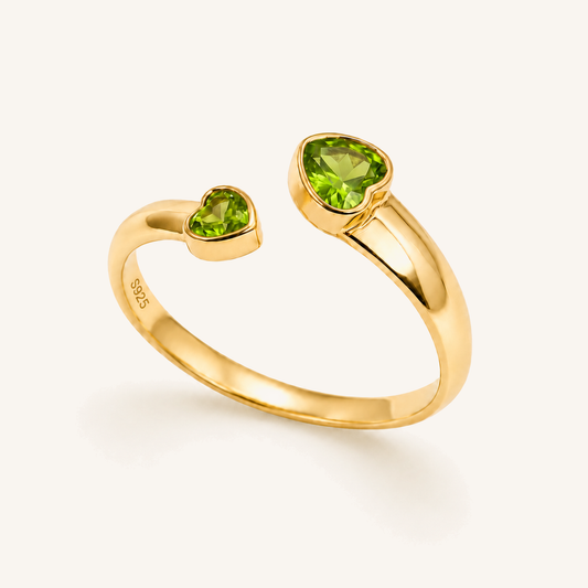 HEART OF LAND Natural Gemstone Double Heart Open Ring in 18K Gold-Plated S925 Sterling Silver – Two Hearts Peridot
