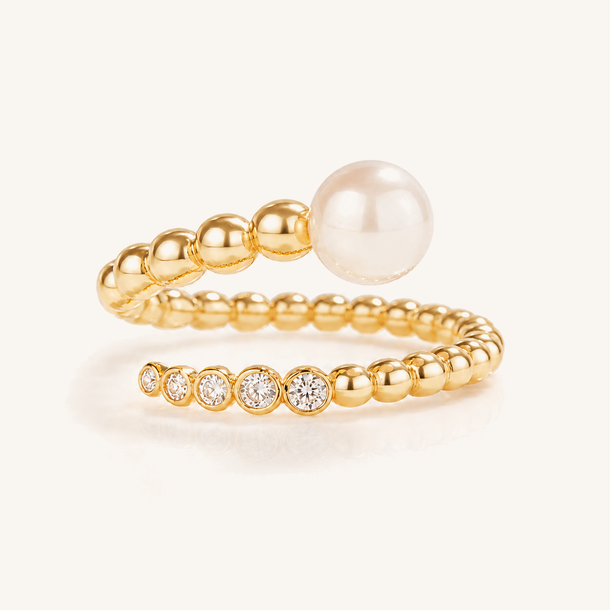 HEART OF LAND Natural Gemstone Beaded Open Ring in 18K Gold-Plated S925 Sterling Silver – Orbit Within Pearl