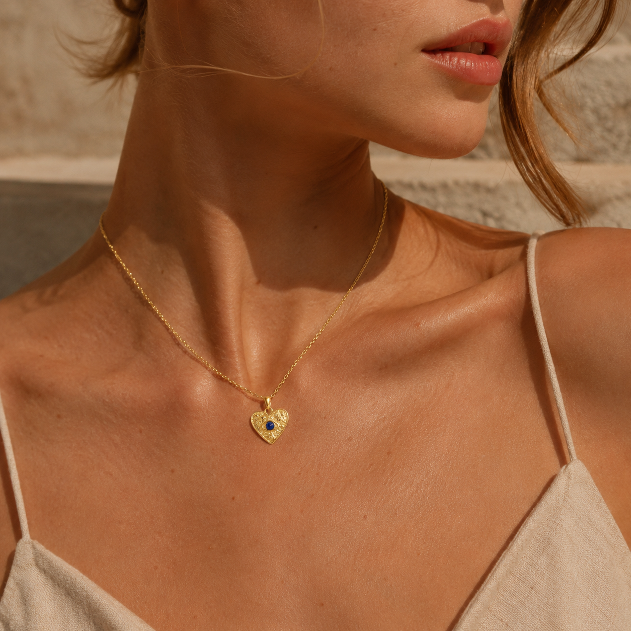 HEART OF LAND Natural Gemstone Textured Heart Necklace in 18K Gold-Plated S925 Sterling Silver – Held Close