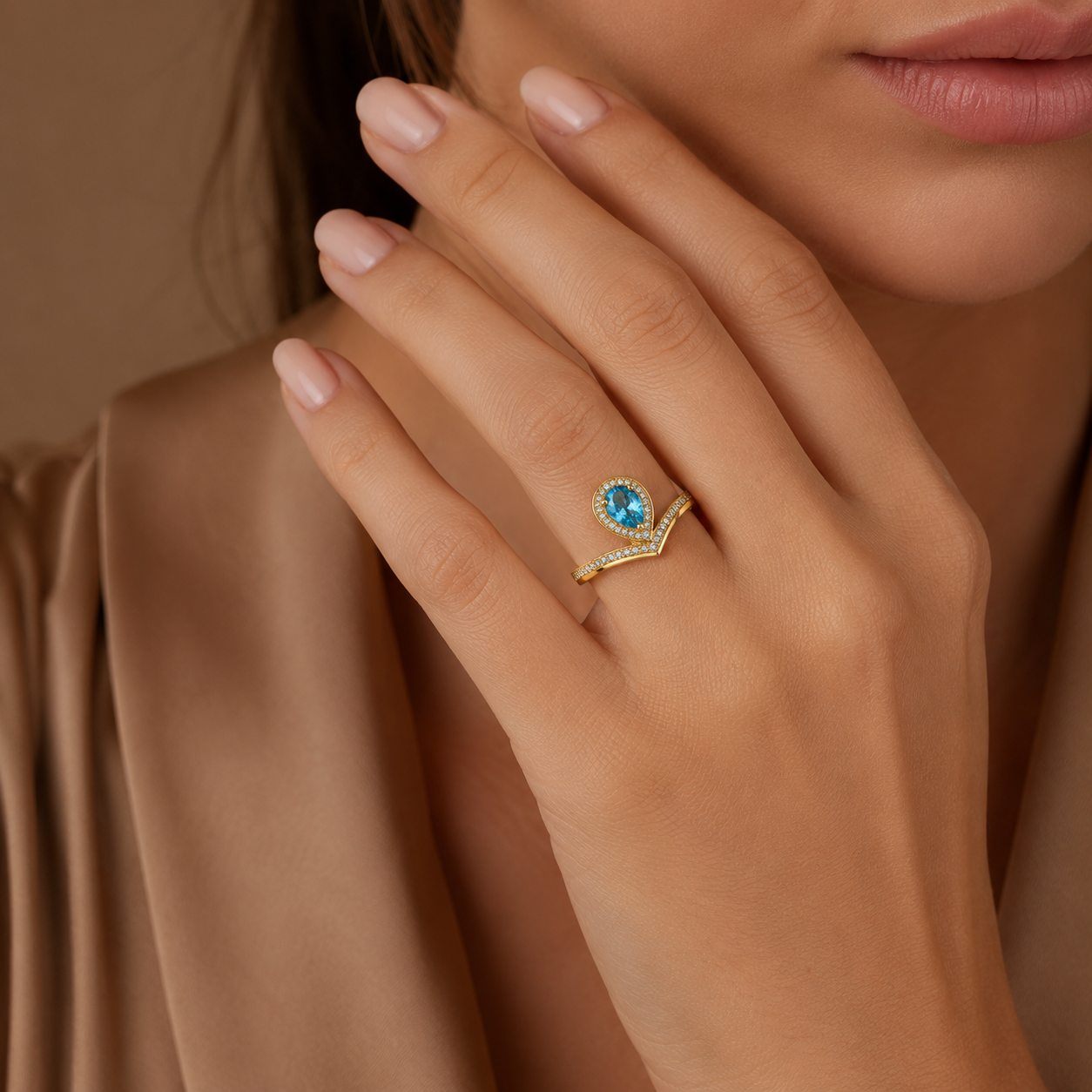 HEART OF LAND Natural Gemstone Pear-Cut Chevron Halo Ring in 18K Gold-Plated S925 Sterling Silver – Radiant Vow