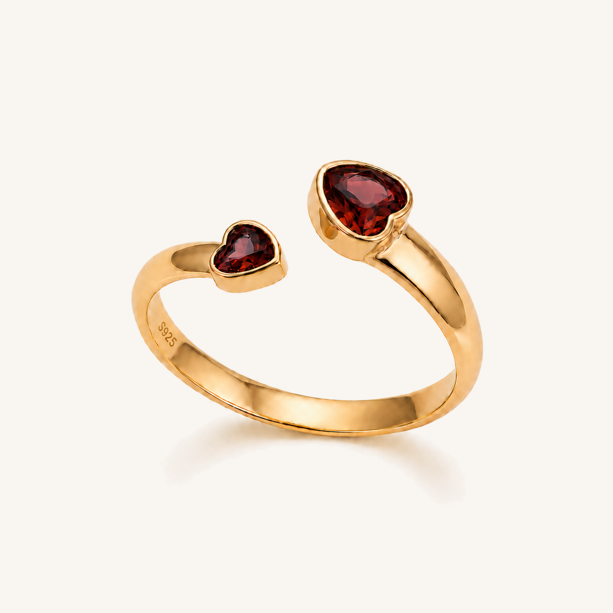 HEART OF LAND Natural Gemstone Double Heart Open Ring in 18K Gold-Plated S925 Sterling Silver – Two Hearts Garnet