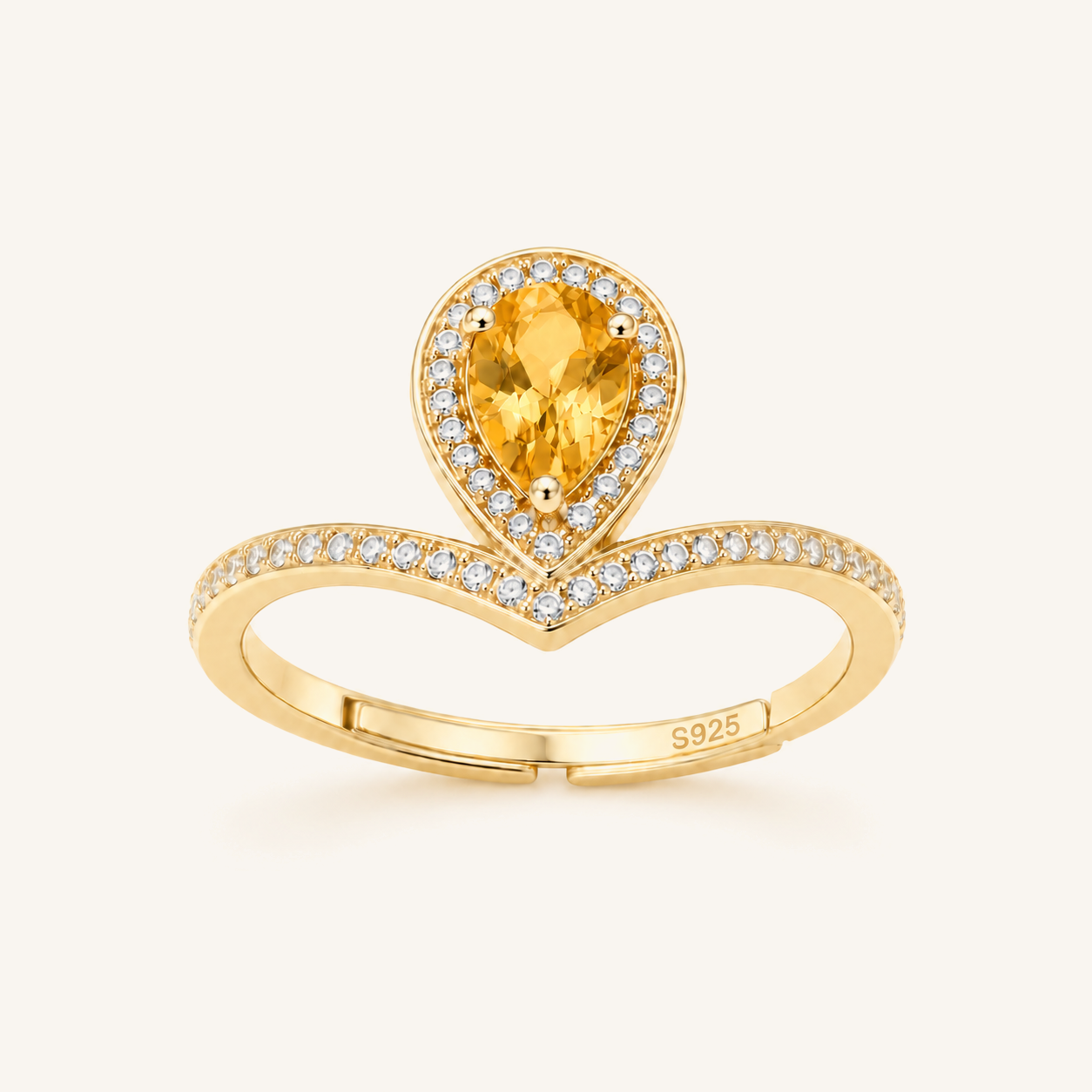 HEART OF LAND Natural Gemstone Pear-Cut Chevron Halo Ring in 18K Gold-Plated S925 Sterling Silver – Radiant Vow Citrine