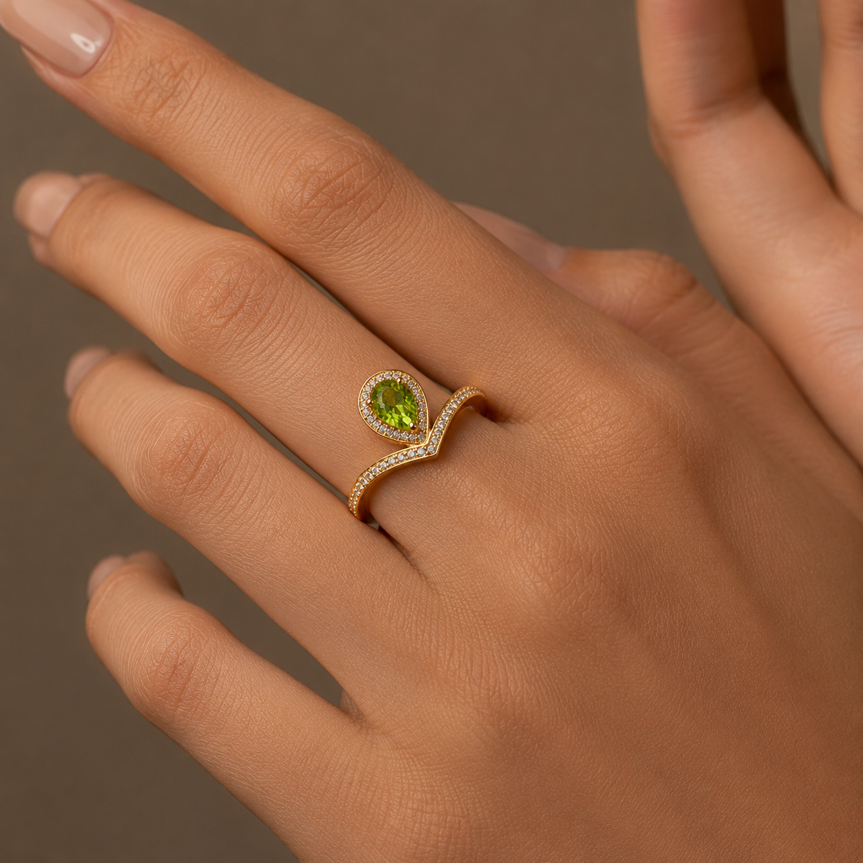 HEART OF LAND Natural Gemstone Pear-Cut Chevron Halo Ring in 18K Gold-Plated S925 Sterling Silver – Radiant Vow