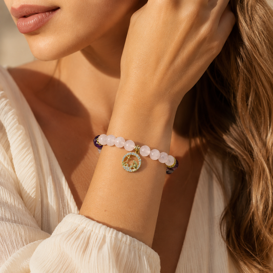 HEART OF LAND Cancer Zodiac Crystal Bracelet – Rose Quartz, Amethyst & Clear Quartz