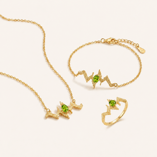 HEART OF LAND Birthstone Pulse Jewelry Set – Necklace, Bracelet & Ring Peridot