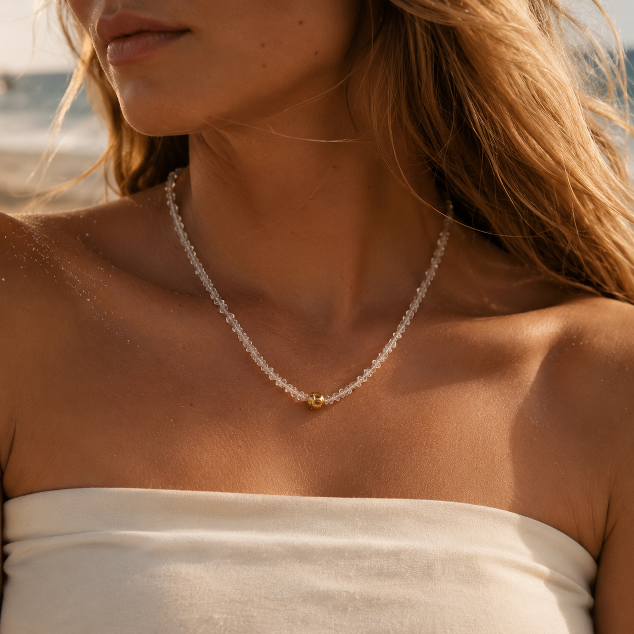 HEART OF LAND Natural Clear Quartz Beaded Necklace in 18K Gold-Plated S925 Sterling Silver – Clear Horizon
