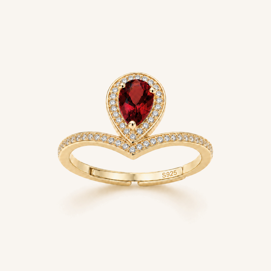 HEART OF LAND Natural Gemstone Pear-Cut Chevron Halo Ring in 18K Gold-Plated S925 Sterling Silver – Radiant Vow Garnet
