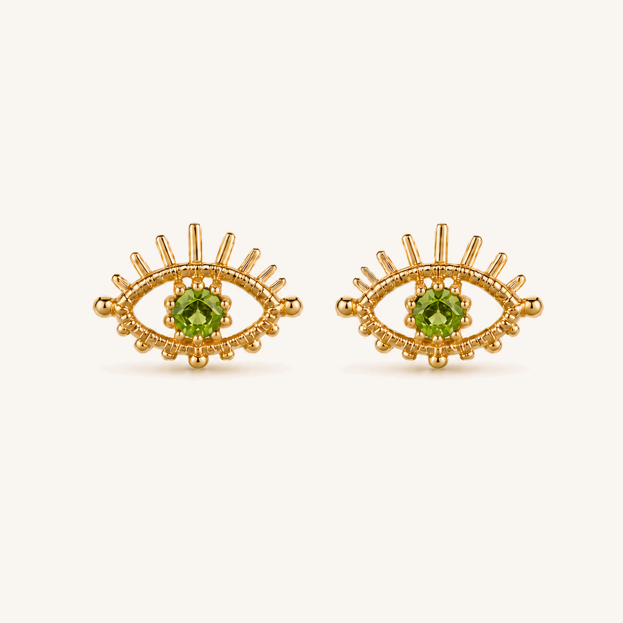 HEART OF LAND Natural Gemstone Evil Eye Stud Earrings in 18K Gold-Plated S925 Silver – Watchful Light Peridot