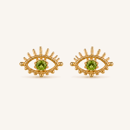 HEART OF LAND Natural Gemstone Evil Eye Stud Earrings in 18K Gold-Plated S925 Silver – Watchful Light Peridot